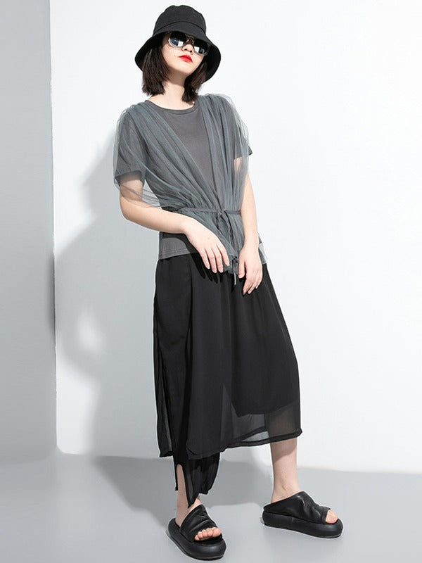 MESH PLEATED LACE-UP SPLICING T-SHIRT