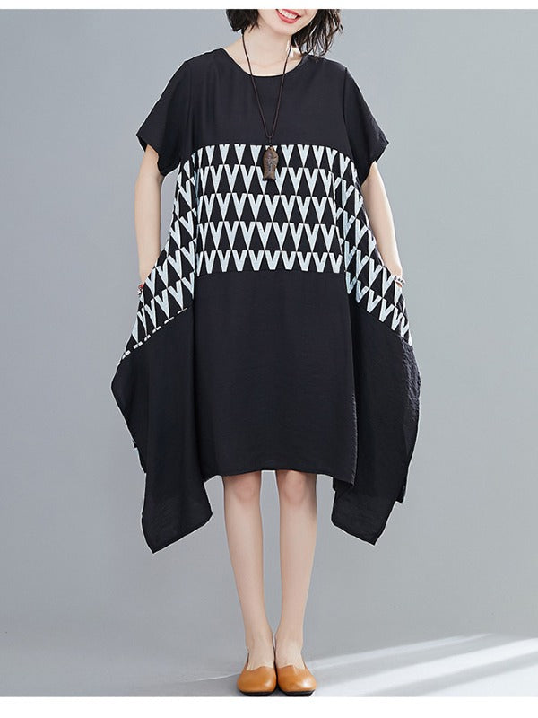 LOOSE GEOMETRIC SPLICING PRINT CROPPED DRESS