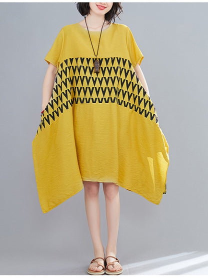 LOOSE GEOMETRIC SPLICING PRINT CROPPED DRESS