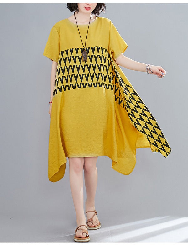 LOOSE GEOMETRIC SPLICING PRINT CROPPED DRESS