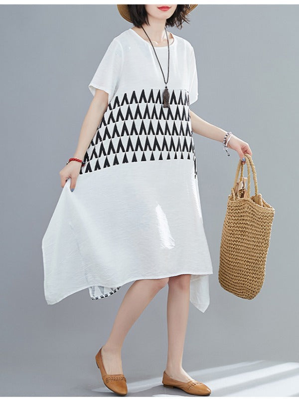 LOOSE GEOMETRIC SPLICING PRINT CROPPED DRESS