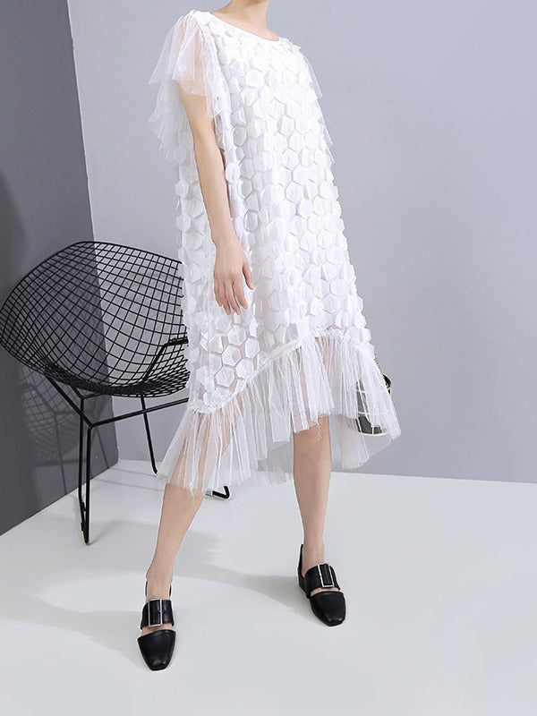 SOLID CHIFFON SPLICING PETAL SLEEVE CROPPED ROUND NECK DRESS