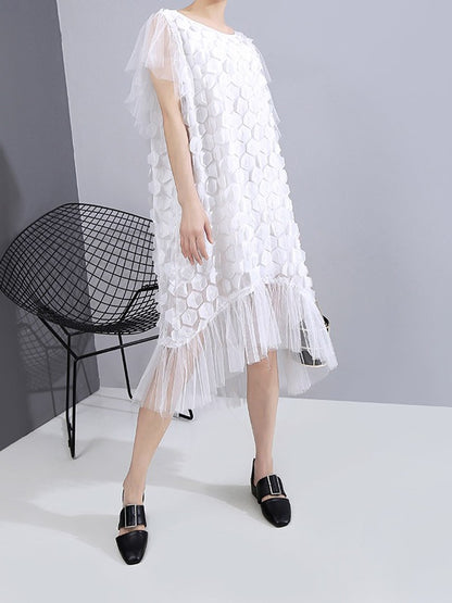 SOLID CHIFFON SPLICING PETAL SLEEVE CROPPED ROUND NECK DRESS