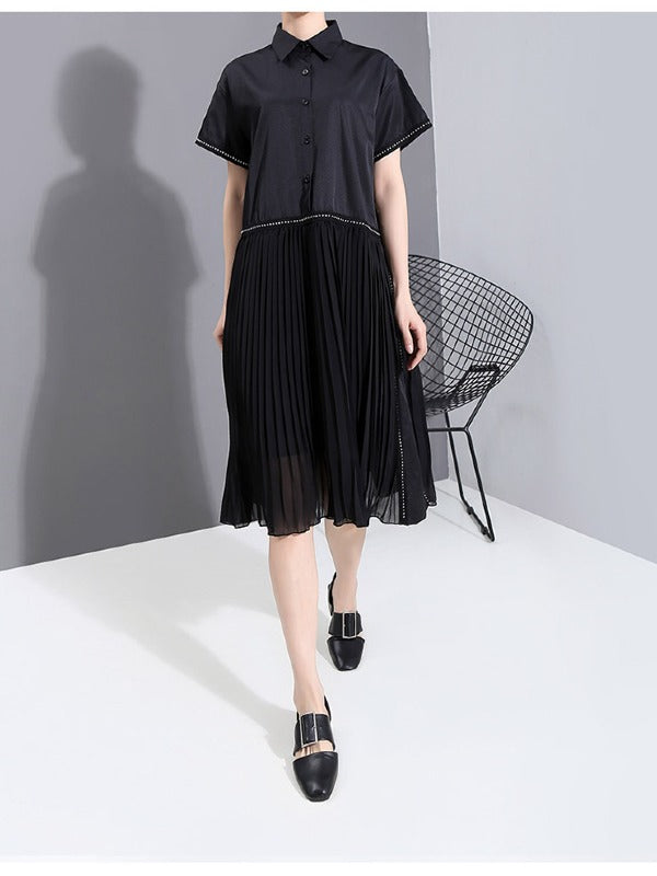 LOOSE CASUAL PLEATED SPLICING DRESS