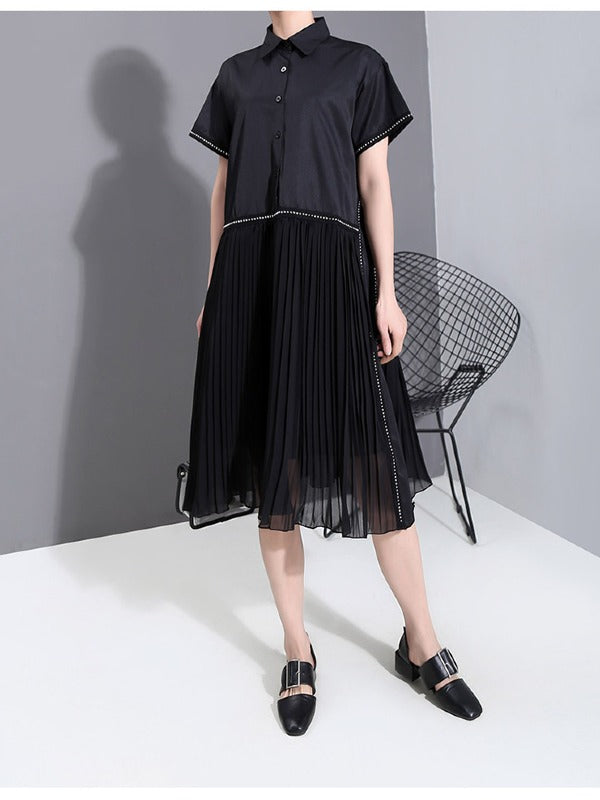 LOOSE CASUAL PLEATED SPLICING DRESS