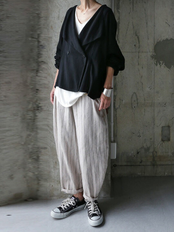 Casual Loose Solid Color Buttoned Lapel Collar Long Sleeves Outwear