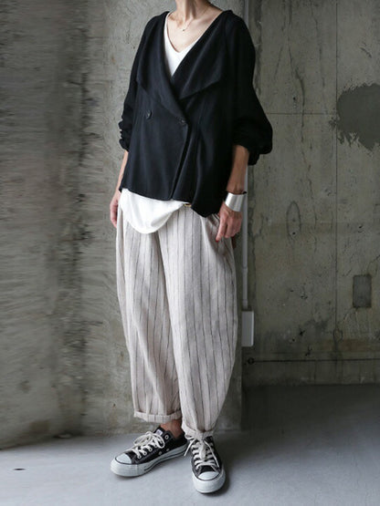 Casual Loose Solid Color Buttoned Lapel Collar Long Sleeves Outwear