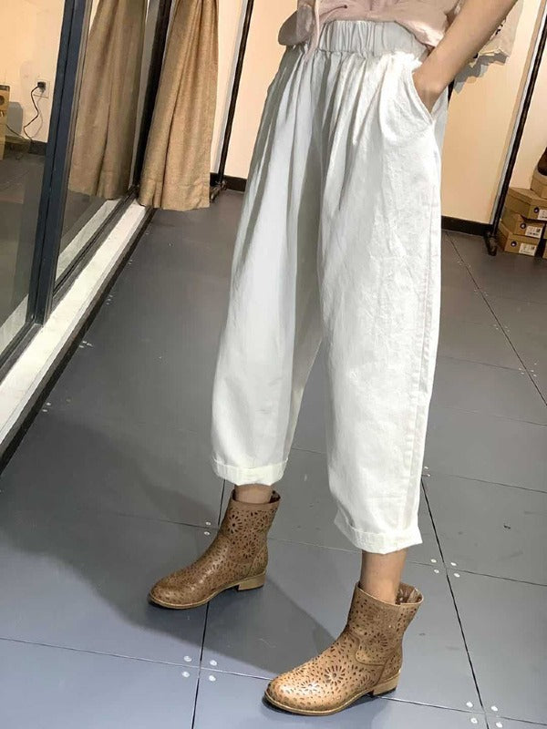 SIMPLE CASUAL ELASTICITY SOLID WIDE LEG PANTS