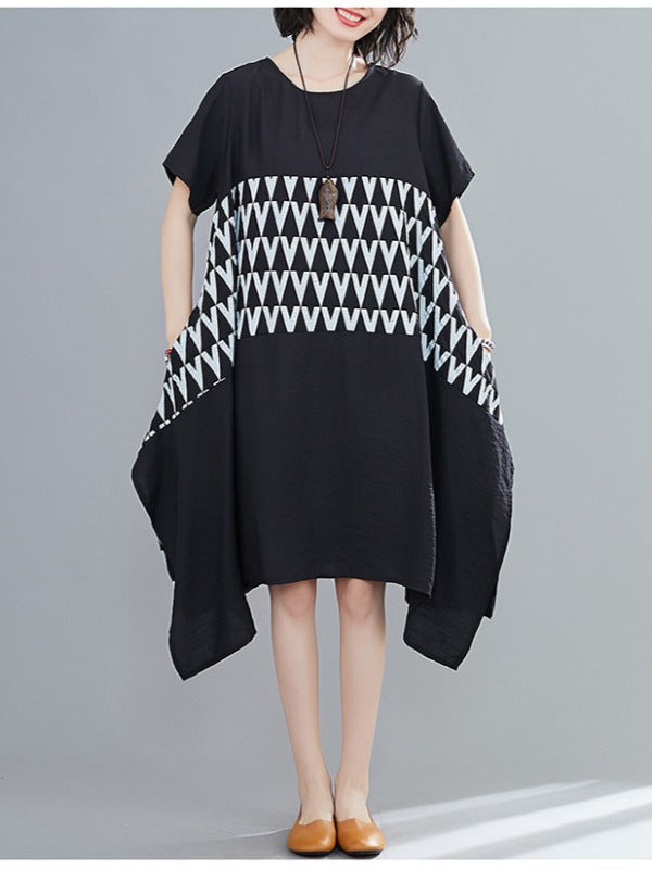 LOOSE GEOMETRIC SPLICING PRINT CROPPED DRESS