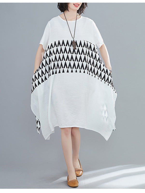 LOOSE GEOMETRIC SPLICING PRINT CROPPED DRESS