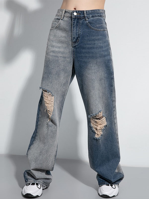 CONTRAST COLOR SPLICE HOLLOW WIDE LEG JEAN PANTS