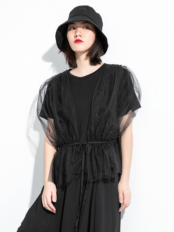 MESH PLEATED LACE-UP SPLICING T-SHIRT