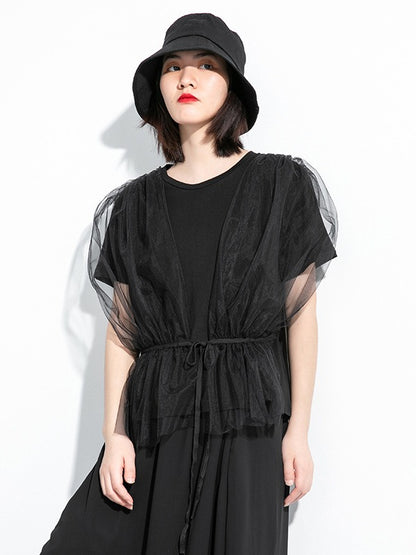 MESH PLEATED LACE-UP SPLICING T-SHIRT