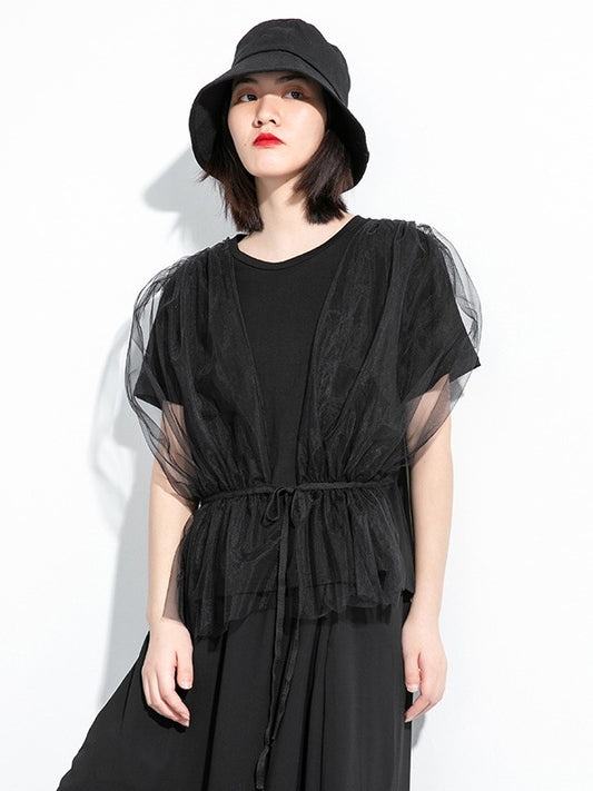 MESH PLEATED LACE-UP SPLICING T-SHIRT