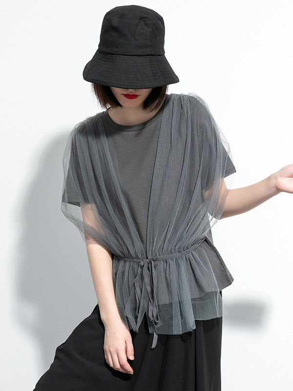 MESH PLEATED LACE-UP SPLICING T-SHIRT