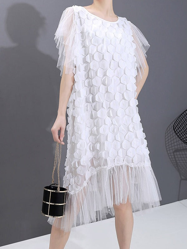 SOLID CHIFFON SPLICING PETAL SLEEVE CROPPED ROUND NECK DRESS