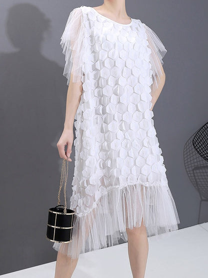 SOLID CHIFFON SPLICING PETAL SLEEVE CROPPED ROUND NECK DRESS