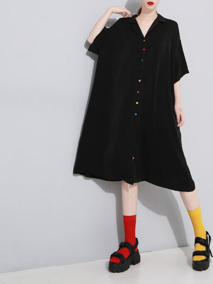 Solid Color Loose Lapel Short Sleeves Dress