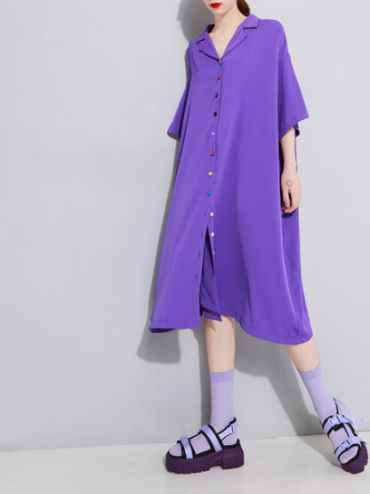 Solid Color Loose Lapel Short Sleeves Dress