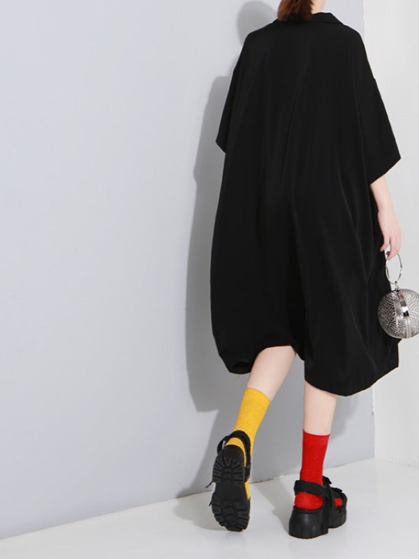 Solid Color Loose Lapel Short Sleeves Dress