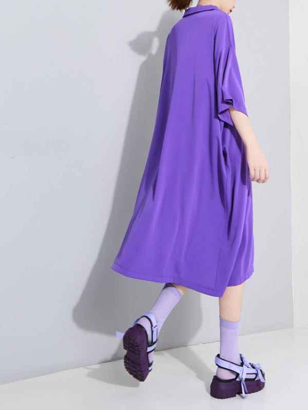 Solid Color Loose Lapel Short Sleeves Dress
