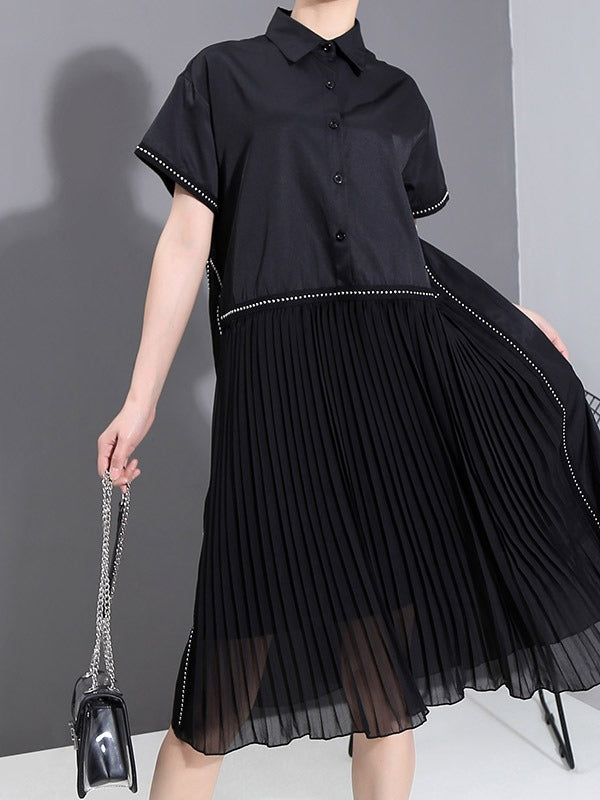 LOOSE CASUAL PLEATED SPLICING DRESS
