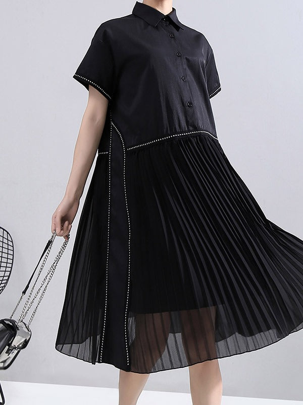 LOOSE CASUAL PLEATED SPLICING DRESS