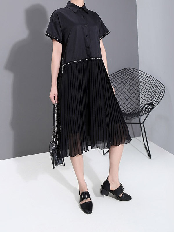 LOOSE CASUAL PLEATED SPLICING DRESS
