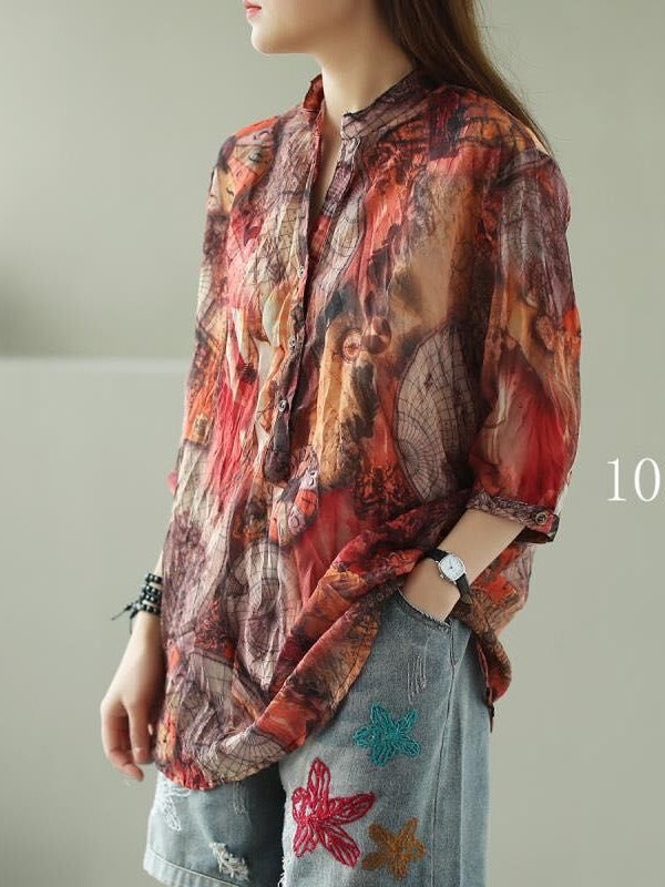 VINTAGE FLORAL THREE-QUARTER SLEEVE STAND COLLAR SHIRT