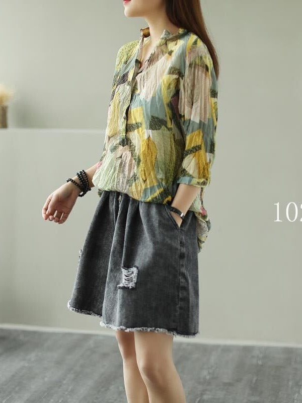 VINTAGE FLORAL THREE-QUARTER SLEEVE STAND COLLAR SHIRT