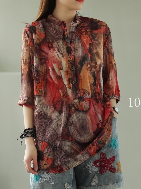 VINTAGE FLORAL THREE-QUARTER SLEEVE STAND COLLAR SHIRT