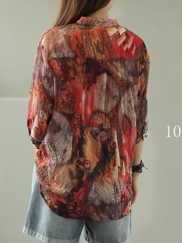 VINTAGE FLORAL THREE-QUARTER SLEEVE STAND COLLAR SHIRT