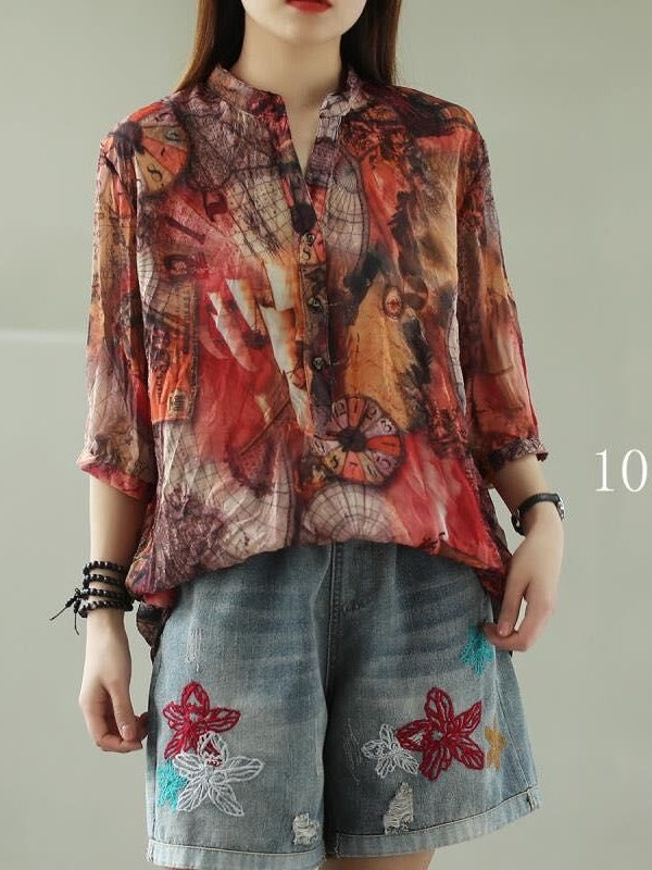 VINTAGE FLORAL THREE-QUARTER SLEEVE STAND COLLAR SHIRT