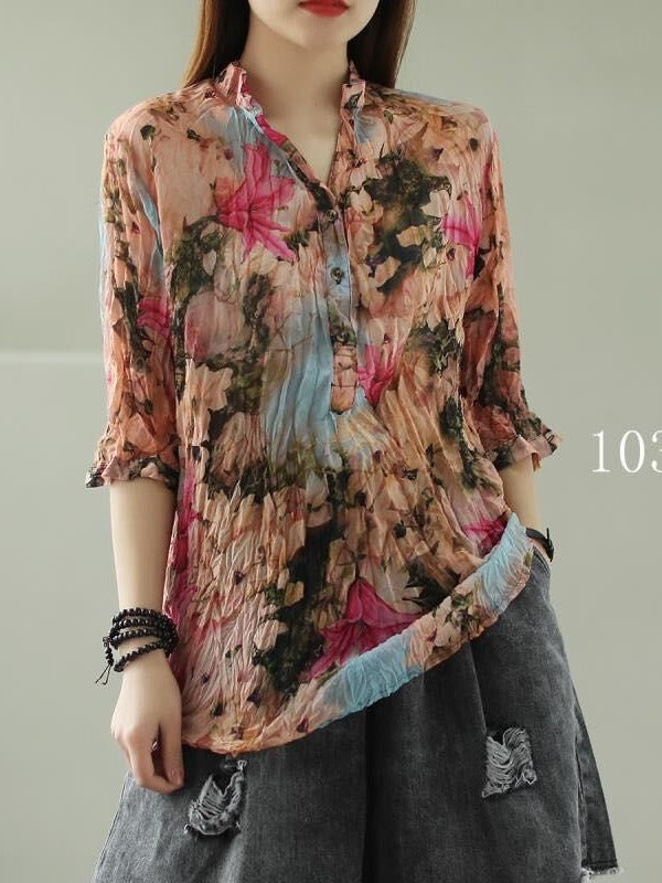 VINTAGE FLORAL THREE-QUARTER SLEEVE STAND COLLAR SHIRT