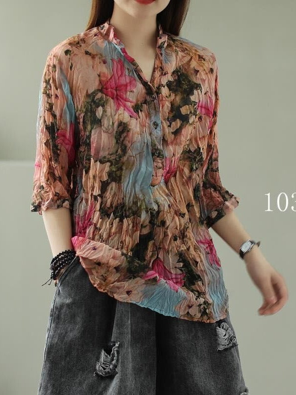 VINTAGE FLORAL THREE-QUARTER SLEEVE STAND COLLAR SHIRT