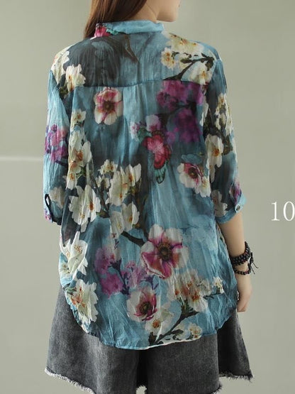 VINTAGE FLORAL THREE-QUARTER SLEEVE STAND COLLAR SHIRT