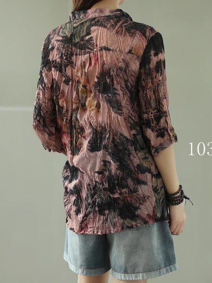 VINTAGE FLORAL THREE-QUARTER SLEEVE STAND COLLAR SHIRT