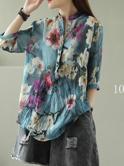 VINTAGE FLORAL THREE-QUARTER SLEEVE STAND COLLAR SHIRT
