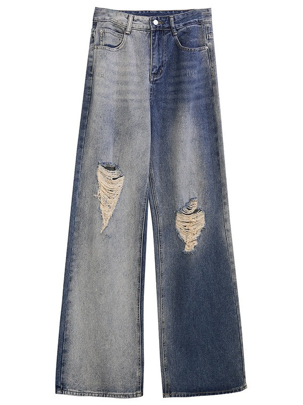 CONTRAST COLOR SPLICE HOLLOW WIDE LEG JEAN PANTS