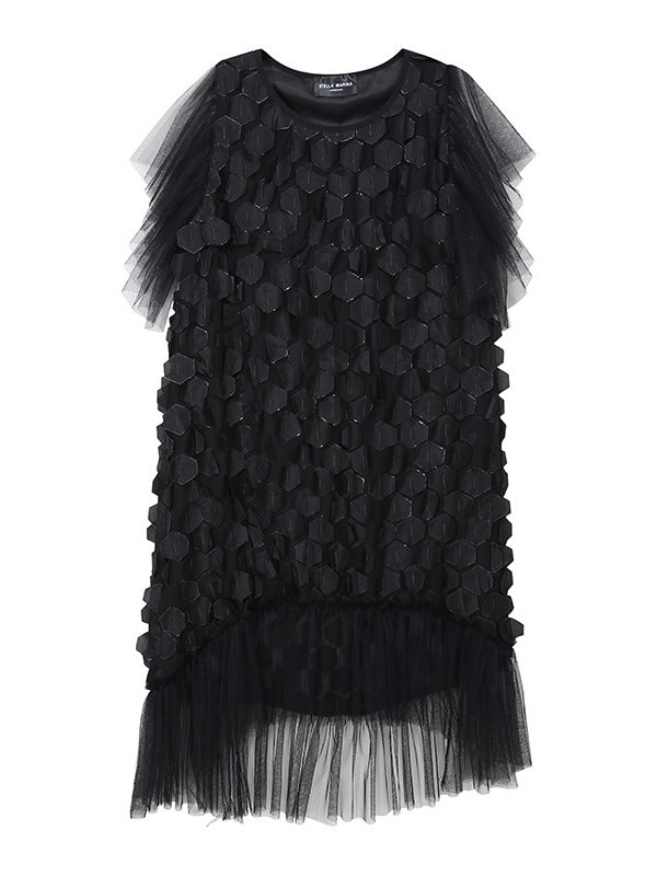 SOLID CHIFFON SPLICING PETAL SLEEVE CROPPED ROUND NECK DRESS