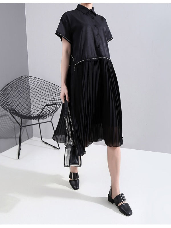 LOOSE CASUAL PLEATED SPLICING DRESS