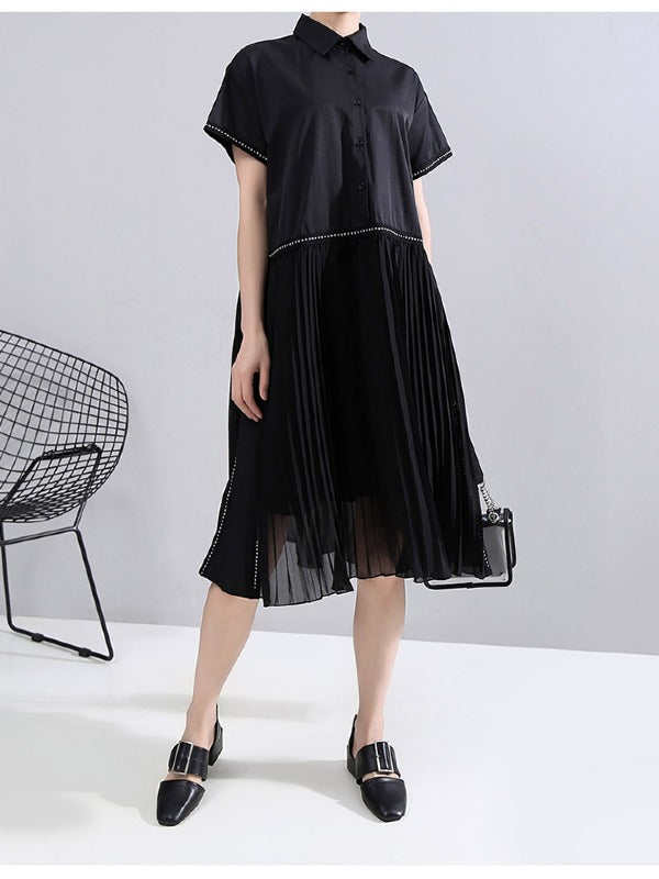 LOOSE CASUAL PLEATED SPLICING DRESS