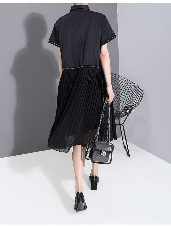 LOOSE CASUAL PLEATED SPLICING DRESS