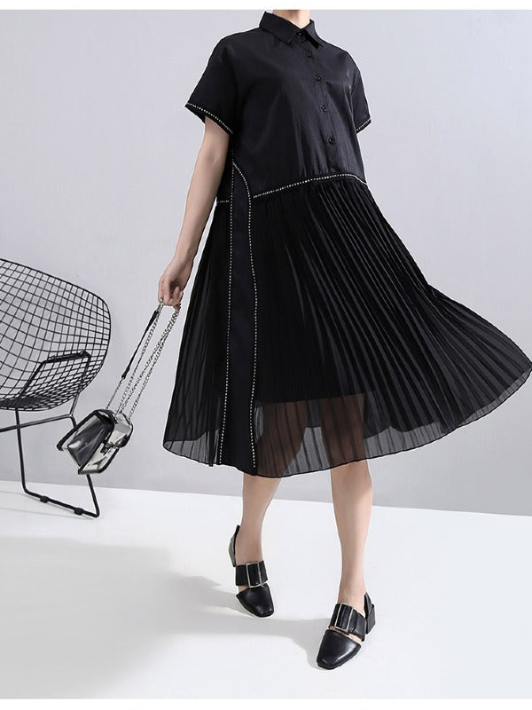 LOOSE CASUAL PLEATED SPLICING DRESS