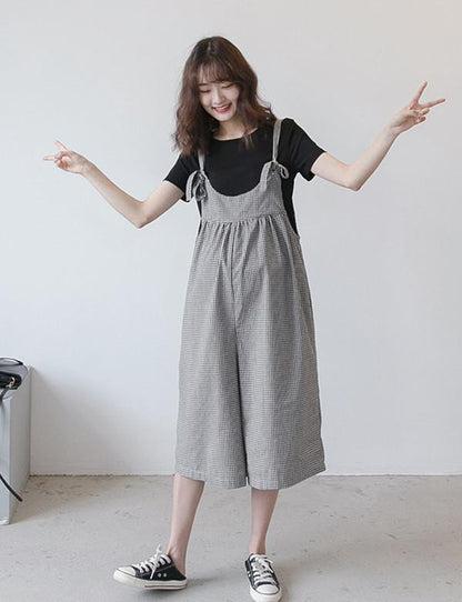 Maternity Plaid Wide Leg Spaghetti-neck Jumpsuits