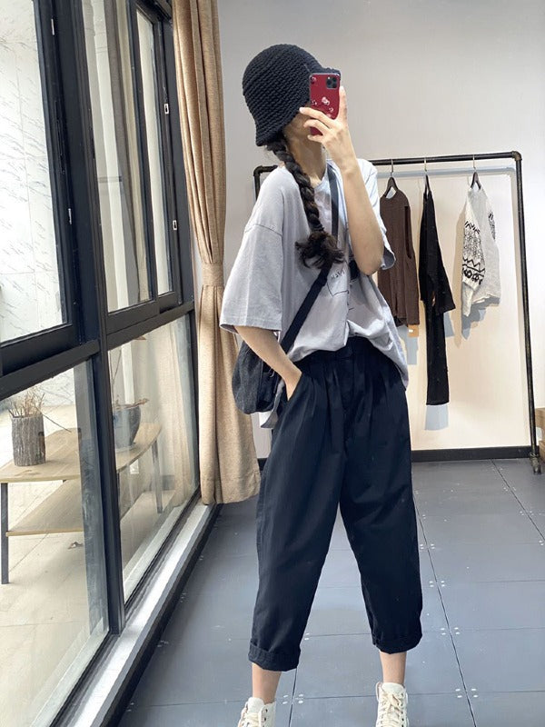 SIMPLE CASUAL ELASTICITY SOLID WIDE LEG PANTS
