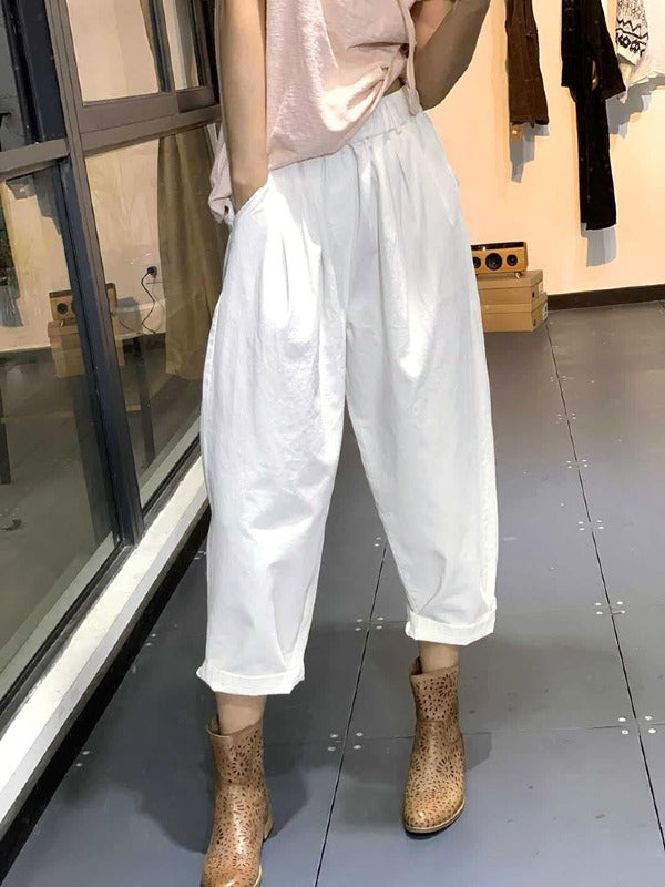 SIMPLE CASUAL ELASTICITY SOLID WIDE LEG PANTS