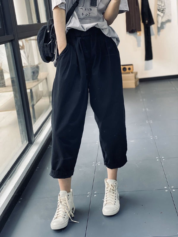 SIMPLE CASUAL ELASTICITY SOLID WIDE LEG PANTS