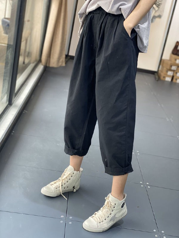 SIMPLE CASUAL ELASTICITY SOLID WIDE LEG PANTS