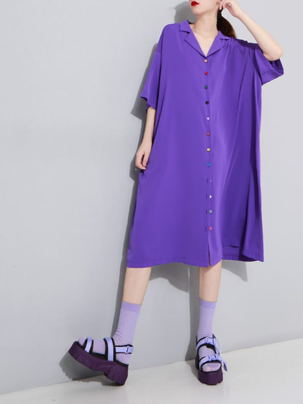 Solid Color Loose Lapel Short Sleeves Dress